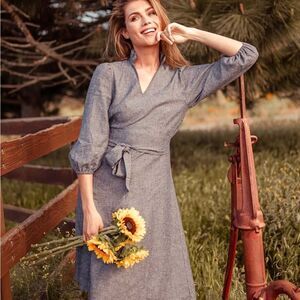 NEW! Valani Sodalin Sustainable Hemp Gray V-Neck Puff Sleeve Midi Dress - 4 $198